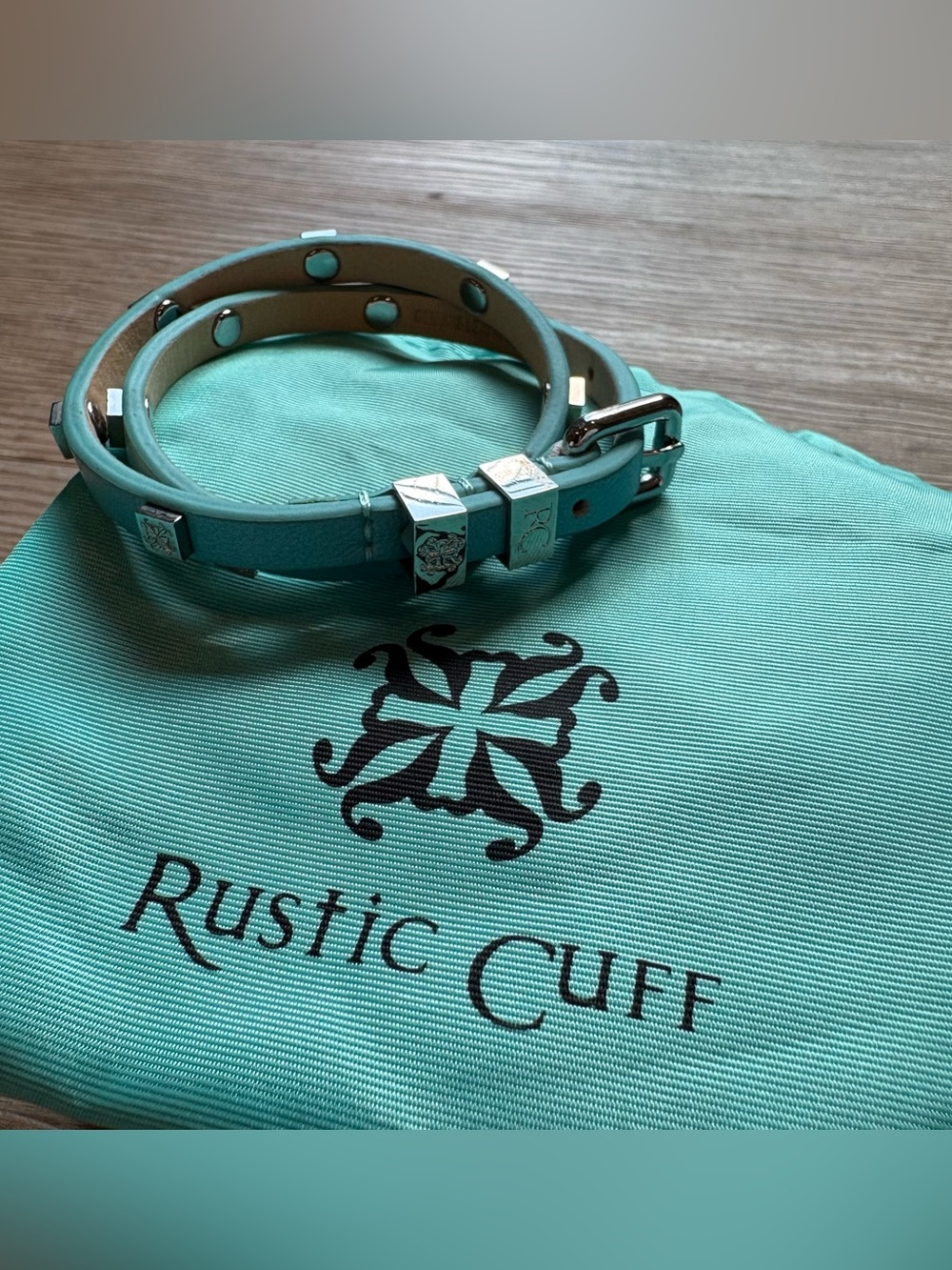 Rustic Cuff Blue Leather Studded Double Wrap Bracelet & Gift Bag